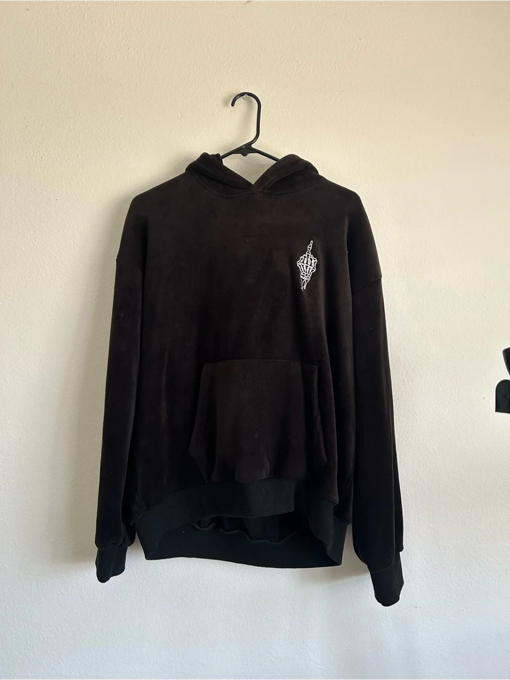 Nokwal Black velour Hoodie with Skeleton hand Embroidered Logo
